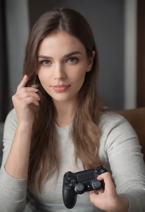 A beautiful woman with a big elastic butt, SELFIE CAMERA holding a PS4 controller and sticking out your tongue AND wearing comfortable clothes......,muy detallado, hermoso cuerpo y cara, se parece al original, Pelo rojo, sentado en silla gaming