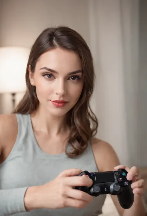 A beautiful woman with a big elastic butt, SELFIE CAMERA holding a PS4 controller and sticking out your tongue AND wearing comfortable clothes......,muy detallado, hermoso cuerpo y cara, se parece al original, Pelo rojo, sentado en silla gaming