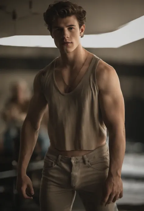 (((rock hard and erect male genitalia visible))), (((shawn mendes wearing a completely see through and transparent underwear ))), (((full body and face in frame))), (massive crotch print/bulge), lean and toned, Realistic, High resolution, High quality, smo...