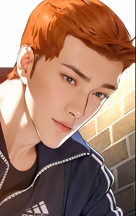 man with realistic short thick red hair, exactly the same hairstyle, realistic beautiful face, realistic expression serious face, adapt the same clothes, realistic black t-shirt and blue jacket, Realistic light, realistic shadows, Realistic ultra high reso...