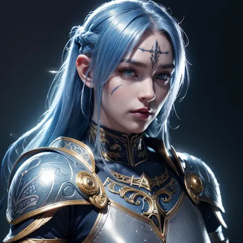 Best quality,ultra-detailed,realistic,woman ,paladin,tiefling, grey skin, Big body, muscle body, armoured, Paladin Armor, plates armor, golden armor, blue hair, tiefling, blue hair, neck tattoo, neck tattoed, face tattoos,black tattoos, bright blue eyes,po...