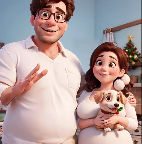 Create a couple with a cute chubby man and a sexy woman with 1 cute dog on christmas day.