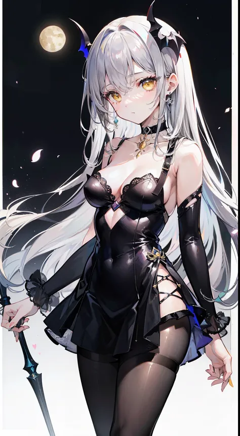 (top-quality、​masterpiece、high-level image quality、Super delicate)、((a beauty girl))、((Ash gray vertical roll twinte))、(Long bangs)、(Yellow eyes that shine like the moon)、a choker、breasts of medium size,、(Succubus style black sheer tights costume)、(cool ex...