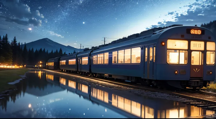 Night sky, galaxy, lake, reflection, train