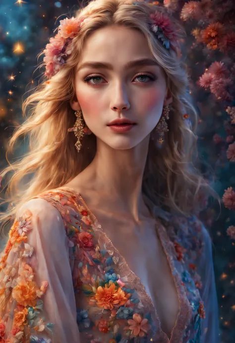 best quality,ultra-detailed,medium-full shot,beautiful detailed eyes and lips,blonde woman with freckles,elaborate embroidered dress,detailed patterns and vibrant colors,nighttime scene,soft moonlight illuminating the scene,sparkling stars in the sky,color...