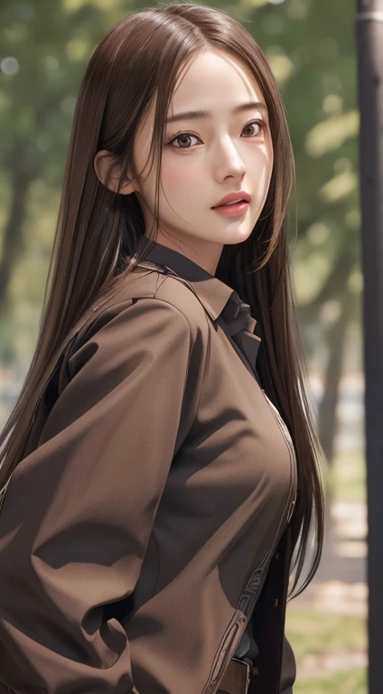 Photorealistic, masutepiece, Best Quality, Raw photo, 1girl in, Solo, Long hair, Brown hair, Detailed face, alluring face, Collared shirt, medium breasts, Dynamic Pose, Looking at Viewer, From below, Detailed background, fine detailed, intricate detailes, ...