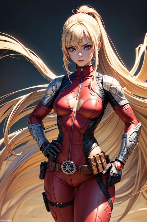 girl, comic accurate Deadpool costume, long blond hair in ponytail, combat stance, highly detailed, vibrant appearance, creative behavior, imaginative, sensual, spontaneous, small breasts, sexi, highest quality, skin texture, intricate details, (cinematic ...