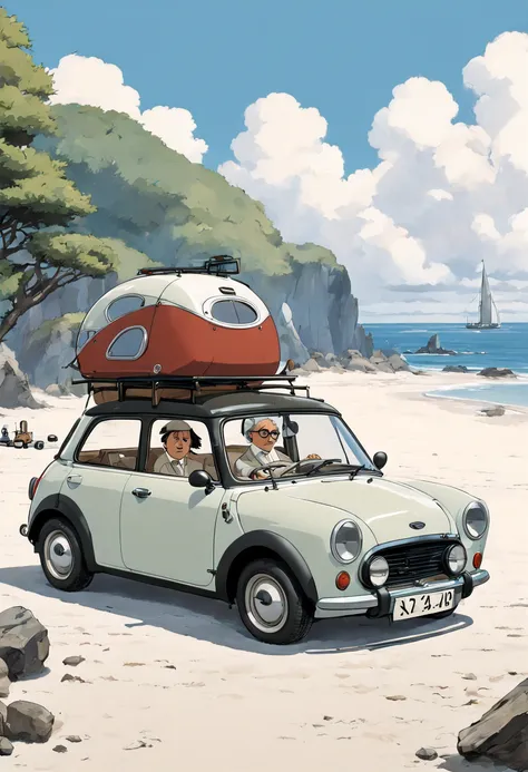 porco rosso in hayao miyazaki，guido，mini countryman，beachside，holiday，camping，camping equipment