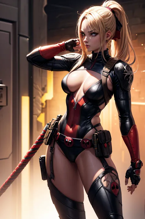 girl, comic accurate Deadpool costume, long blond hair in ponytail, combat stance, highly detailed, vibrant appearance, creative behavior, imaginative, sensual, spontaneous, small breasts, sexi, highest quality, skin texture, intricate details, (cinematic ...