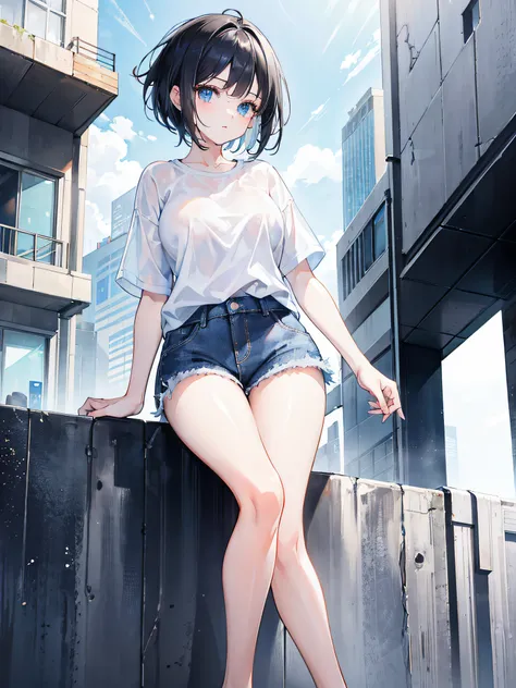 1girl, short black hair, blue eyes, wearing plain white shirt, denim shorts, city, absurdres, high res, ultrasharp, 8K, masterpiece, looking at viewer