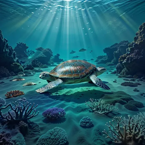 a detailed illustration of a turtle,[oceanic,underwater],colorful marine life,seaweed,coral, sandy seabed, sparkling water,shining sunlight,rays of light, vibrant colors, high resolution,ultra-detailed,photorealistic,studio lighting,vivid colors