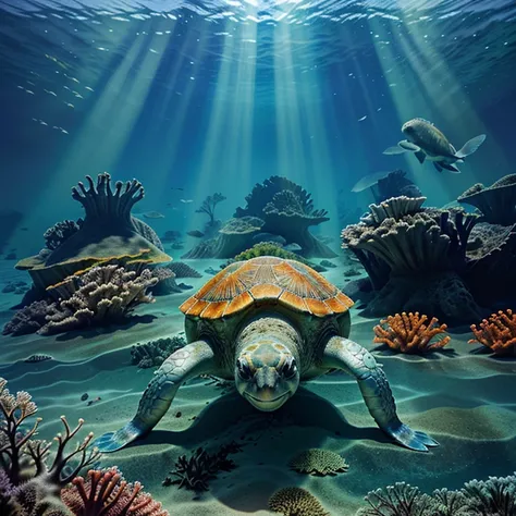 a detailed illustration of a turtle,[oceanic,underwater],colorful marine life,seaweed,coral, sandy seabed, sparkling water,shining sunlight,rays of light, vibrant colors, high resolution,ultra-detailed,photorealistic,studio lighting,vivid colors