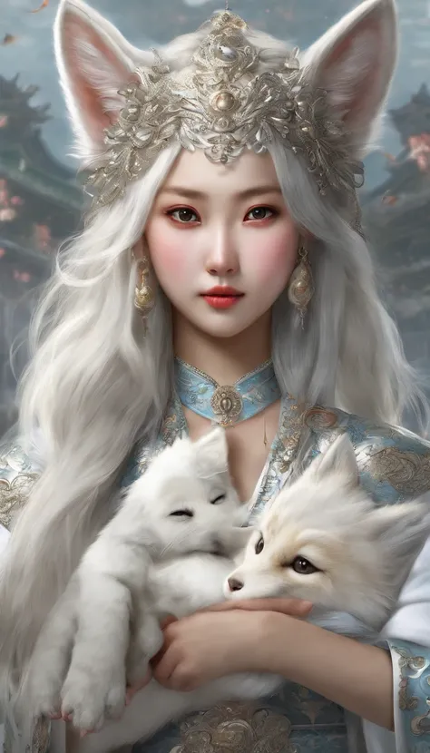 Chinese traditional culture, 1 girl, white fox, fox fairy, characteristic, exquisite and beautiful facial features, wearing a white lion head, dancing with her hands, festive