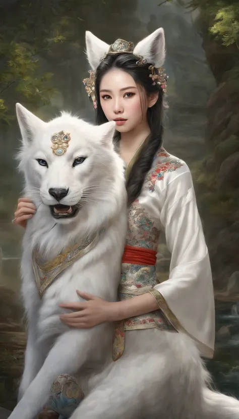 Chinese traditional culture, 1 girl, white fox, fox fairy, characteristic, exquisite and beautiful facial features, wearing a white lion head, dancing with her hands, festive