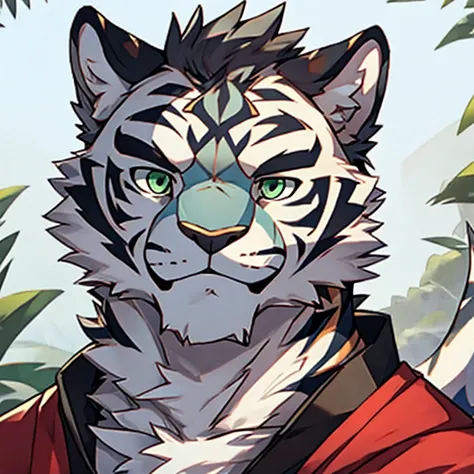 White Tiger，Gray-green eyes，Handsome，Avatar furry beast，White fur