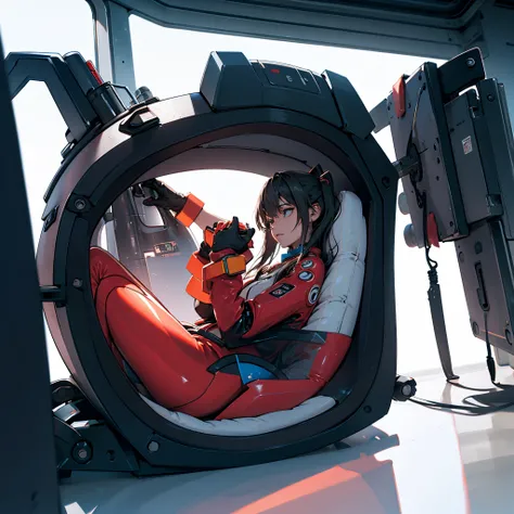 (Capsula humana) futurista con liquido dentro,humana en su interior,descansando dentro.