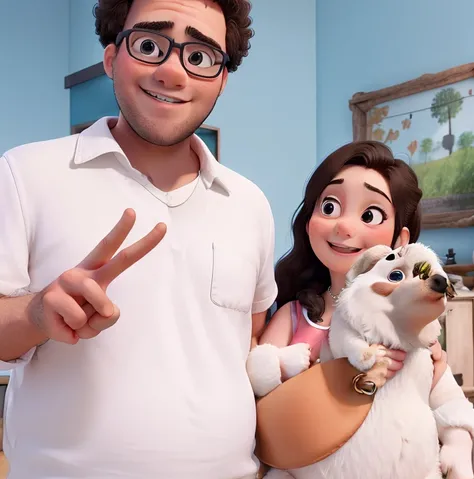 Create a cute couple which the boy is chubby and doing peace sign. While the girl is  sexy and carrying a cute white dog.