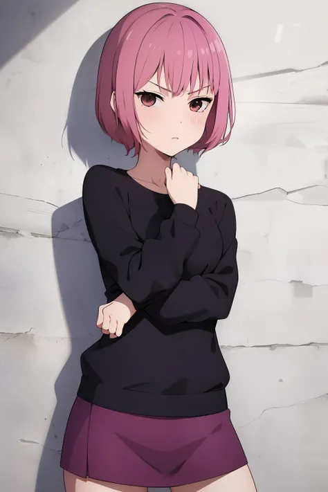 Cute girl , Short pink hair , Dark purple clothes , Combat stance , Brown eyes , Rough clothes