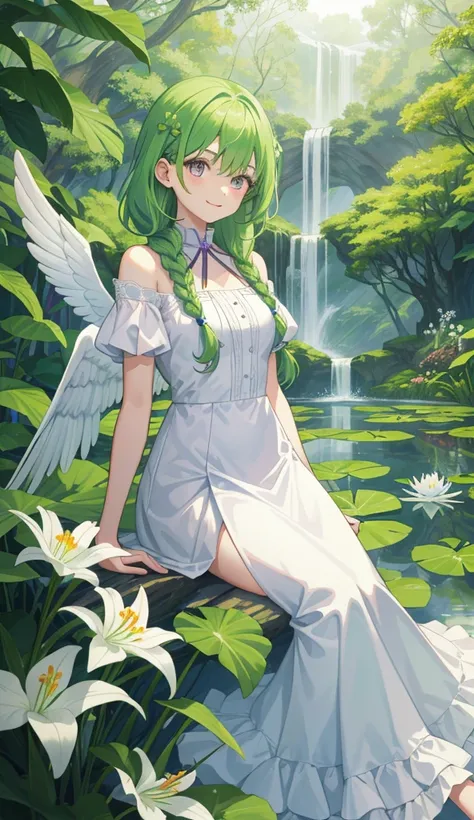 1 girl, green hair, braided hair, white wings, white dress, purple eyes, smiling at the viewer, background: forest, plants, flowers, lily pond, blue sky, waterfalls