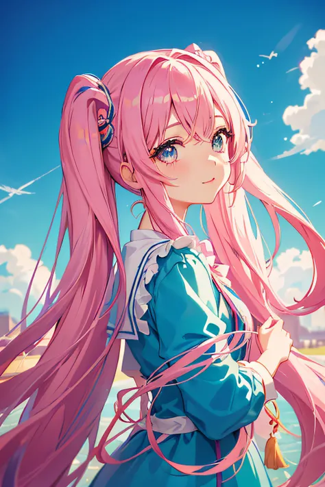 a close up of a person with pink long hair wearing a blue dress, pink twintail hair and cyan eyes, pretty anime girl, cute anime girl, anime girl, anime moe artstyle, anime art style, anime style portrait, an anime girl, cute anime girl portrait, high qual...