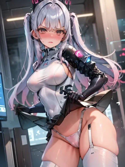 1girl in, bodysuit space suit, tight-fitting suit,white mechanical bodysuit,cyberpunk suit,angry, Full face blush, Dress Lift, NSFW, silver mechanical panties, garter strap,, 细致背景, ​masterpiece, top-quality,