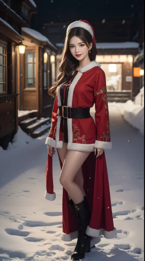 (Aesthetic, High Resolution: 1.2), full-body portrait of a beautiful 20-year-old woman wearing an intricately detailed red boby Santa Claus costume, symmetrical costume structure, clear eyes bright, happy smile, changed hairstyle, snow is falling, snow in ...