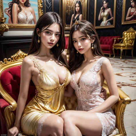 (2girls:1.3), princess, long hair, passionate, (extremely detailed beautiful face), (Beautiful girl in a princess dress:1.5), (lace dress:1.4), Amazing face and eyes, (The sexiest look), (Best Quality:1.4), (hyper quality), (Ultra-detailed), (extremely det...