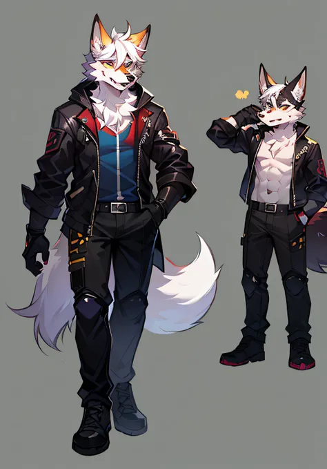 an anthropomorphic cyberpunk fox, anthropomorphic wolf male,, Single character full body, official character art, rpg portrait full body,  an anthro wolf, full body concept