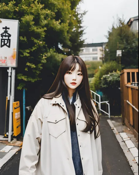 Best quality at best, Dark feeling, 1个Giant Breast Girl, Alone, long whitr hair, The shirt, brunette color hair, jaket, Outdoor activities, Bao,  looking at viewert, vague background, actual,