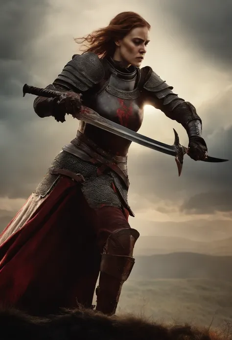 A close-up of the zombie knight sharpening her bloodied sword, with a malicious grin on her face.,Game of Thrones TV series,7 feet tall, dead skin, red eyes. the mountain, gregor clegane from game of thrones