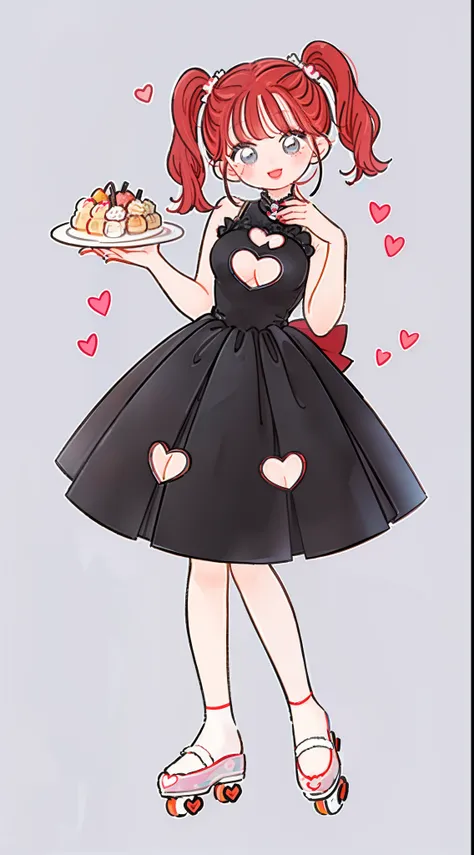 Masterpiece, best quality, high quality, ultra detailed, Girl standing on roller skates, with a tray in one hand, dim sum on the tray, black cheongsam, ((cleavage cutout)), ((heart cutout)), big twin-tails hair, small breasts, cleavage, looking at viewer, ...