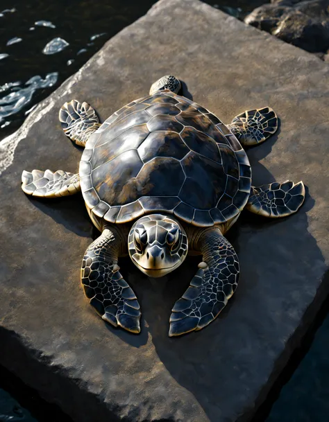 Chiaroscuro black sea turtle ，stone monument, Hard keys，side lights, ferocious, moodiness, Wet, Sateen, Shiny, ultra-realistic realism, fluorescent red lipstick, 电影灯光