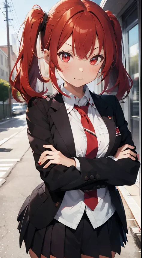 girl, highschool, red eyes, red hair, poker face, highschool uniform, anime, pig tails, fangs, blazer, necktie, front facing, crossed arms, facing straight