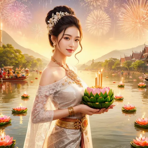 Miss Noppamas, Beautiful girl in traditional Thai costume Carrying a lotus-shaped krathong with flowers, incense sticks and candles in the middle.. Standing next to a river filled with krathongs In the Loy Krathong Festival There were beautiful fireworks i...