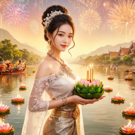 Miss Noppamas, Beautiful girl in traditional Thai costume Carrying a lotus-shaped krathong with flowers, incense sticks and candles in the middle.. Standing next to a river filled with krathongs In the Loy Krathong Festival There were beautiful fireworks i...