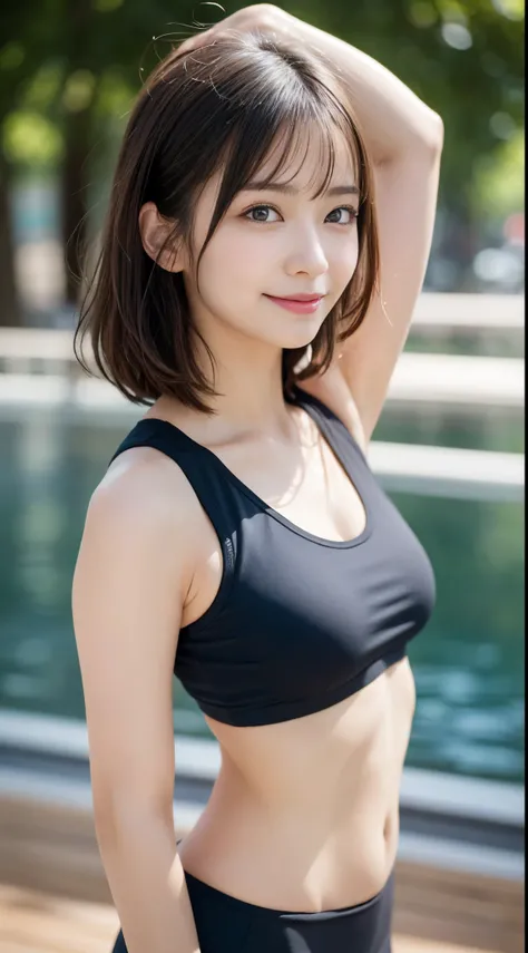 masutepiece, Best Quality, Photorealsitic, finely detail, hight resolution, 8K Wallpapers, Perfect dynamic composition, Beautiful detailed eyes, Medium short wavy hair,gray training wear、Body wet with sweat、Breast bulge、yoga pose、Beautiful armpits、A smile、...