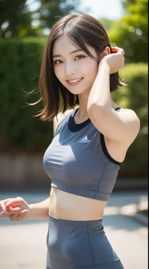 masutepiece, Best Quality, Photorealsitic, finely detail, hight resolution, 8K Wallpapers, Perfect dynamic composition, Beautiful detailed eyes, Medium short wavy hair,gray training wear、Body wet with sweat、Breast bulge、yoga pose、Beautiful armpits、A smile、...