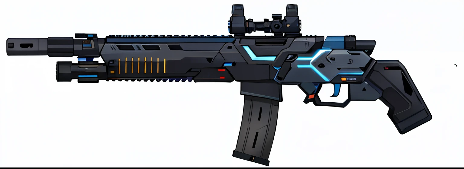 Close-up of a gun with light blue stripes, Pulse Rifle, Energy Rifle, Futuristic assault rifle, Corner Assault Rifle, Pulse Rifle, assault rifle, Gauss rifle, Laser Rifle, Laser Rifle, valorant style, Laser Rifle, Weapons of the future, Futuristic weapon s...