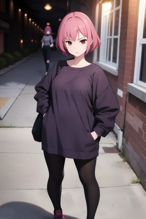 Cute girl , Short pink hair , Dark purple clothes , Combat stance , Brown eyes , Rough clothe s, baggy clothes , full body