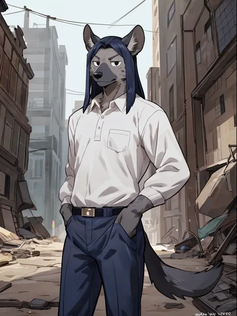 1male, ((best quality, detailed anatomy)), Hyena, solo, serious, (gray furs, skinny, black eyes, dark blue long middle hair), young boy, gray windbreaker, white polo long sleeve, black long pants, in the ruined city, hands in pocket, by K0BIT0WANI, by Bebe...