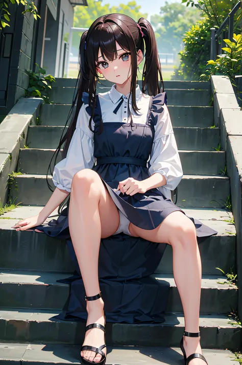 (8K、Raw photography、top-quality、​masterpiece:1.2)、ultra-detailliert、超A high resolution、女の子1人、dark brown  hair、poneyTail、bangss、Light blue dress、wide Shots、sit on stairs、itting open legs、white panty、pantyshot