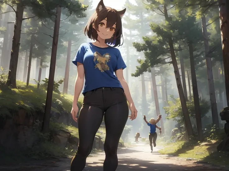 Masterpiece, Anthro, brown wolf girl, full body, pants, smile, blue t-shirt, forest background, sunny day