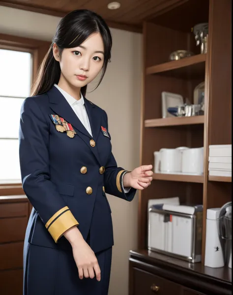 Young Japanese female admiral in navy uniform, masterpiece, Best Quality, in battleship officer room