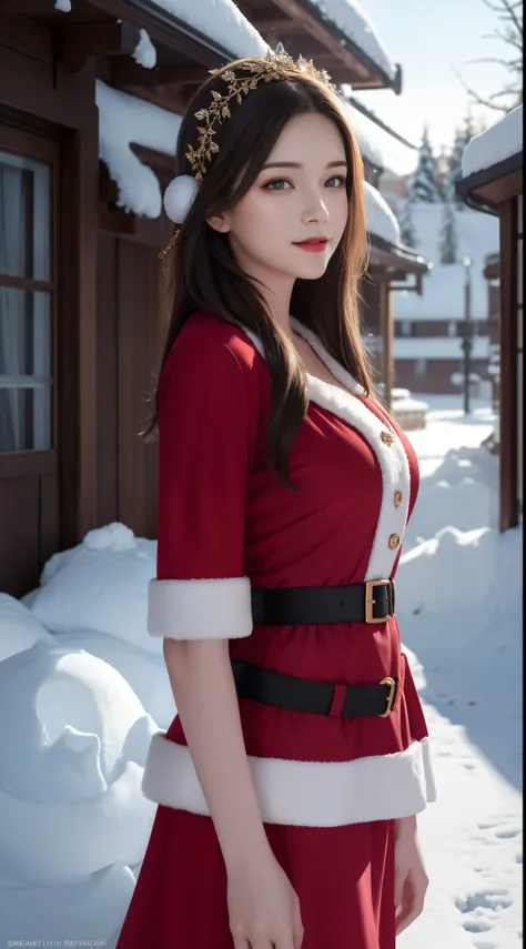 (Aesthetic, High Resolution: 1.2), full-body portrait of a beautiful 20-year-old woman wearing an intricately detailed red boby Santa Claus costume, symmetrical costume structure, clear eyes bright, happy smile, changed hairstyle, snow is falling, snow in ...