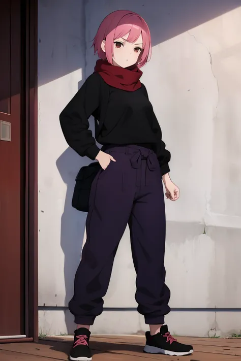 Cute girl , Short pink hair , Dark purple clothes , Combat stance , Brown eyes , Rough clothe s, baggy clothes , full body , Red scarf , adult girl