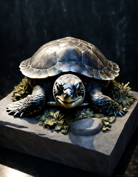 Chiaroscuro black sea turtle ，stone monument, Hard keys，side lights, ferocious, moodiness, Wet with, Sateen, Shiny, ultra-realistic realism, 电影灯光