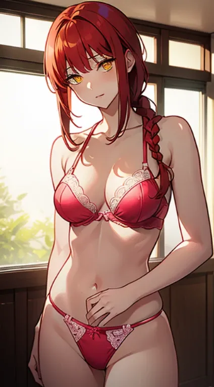 makima (chainsaw man), 1girl, indoors, glowing, beautiful lighting, masterpiece, looking at viewer, (red hair)+(long braided hair)+(bangs), yellow eyes, golden eyes, (ringed eyes), pink lingerie, cum, sexy female