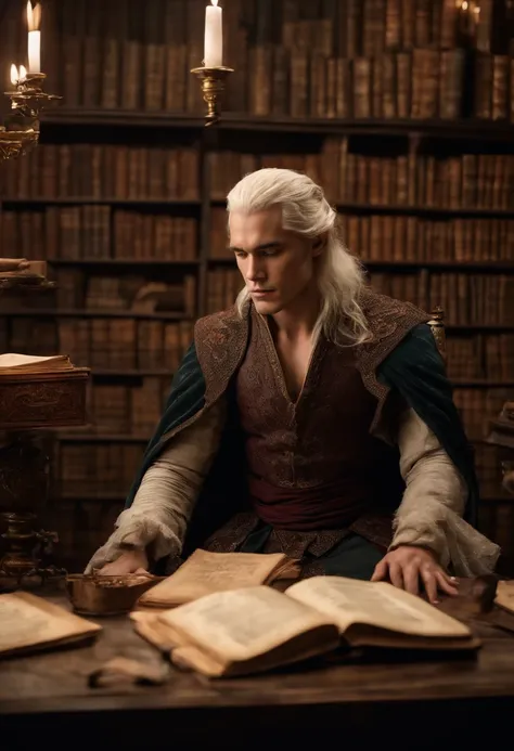 A photo of a man sitting alone in his study, surrounded by old scrolls and dusty tomes.,A Song of Ice and Fire,Viserys Targaryen I