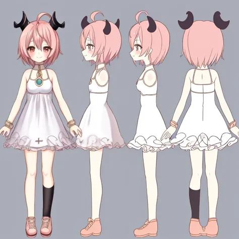 (masutepiece, Best Quality), Chara Sheet,Design drawings,White Dress,Ahoge,cute little,Lori,small tits,Genki,Full body,high-level image quality,Vtuber,Seen from the side,mischief,closes mouth,A smile,Keep it simple, small horn,electric shock