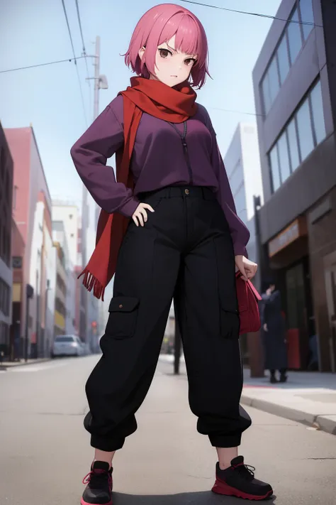 Cute girl , Short pink hair , Dark purple clothes , Combat stance , Brown eyes , Rough clothe s, baggy clothes , full body , Red scarf , adult girl , sexy body , sexy